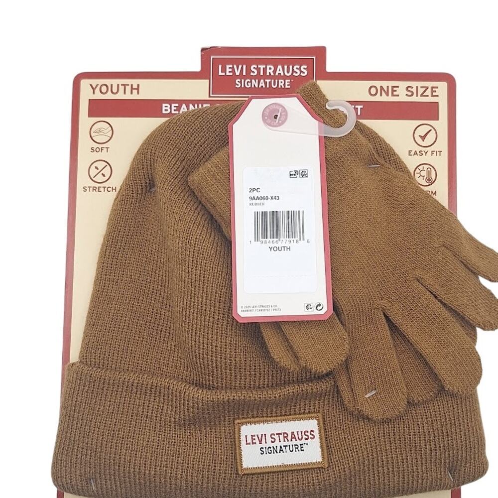 Levi Strauss Signature Youth Beanie & Gloves Set Rubber Brown Winter Hat NEW
